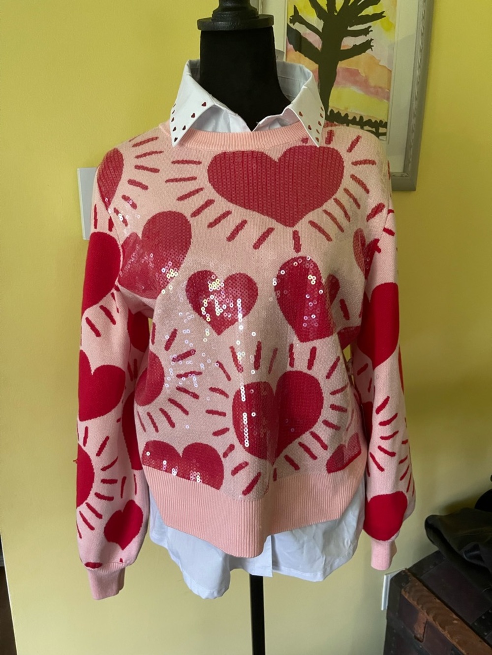 Marled Pink Sequin Heart Crewneck Sweater with Red Accents